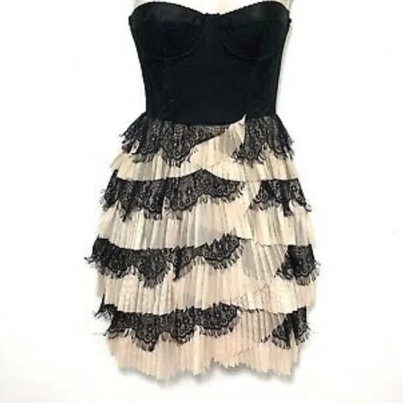 H&M Black Beige Lace Bustier Tiered Pleated Tutu Cocktail Dress size 4